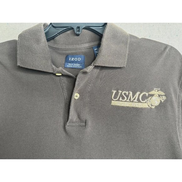 Izod USMC Marines Silk Wash Polo Shirt S/P 100% Cotton Brown Embroidery Military - Picture 2 of 9